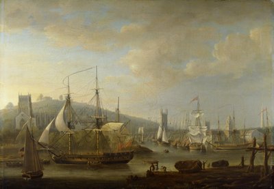 Uitzicht op de Haven van Bristol met de Kathedraal door Nicholas Pocock