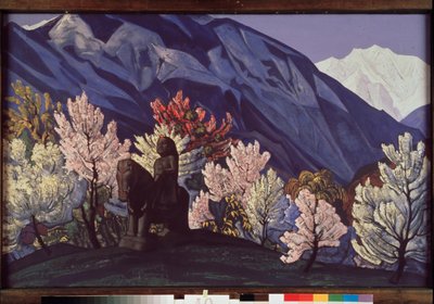 Guga Chohan. Kulu-vallei (India). (Ruiterstandbeeld tussen de bloeiende bomen van de Himalaya). Schilderij van Nicolas Roerich (1874-1947) door Nicholas Roerich