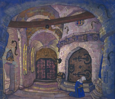 In het klooster. Decorontwerp voor de opera Zuster Beatrice door A. Davydov, 1914 door Nikolai Konstantinowitsch Roerich