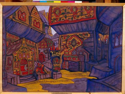 Het hof van prins Vladimir Galitsky. Decor voor de opera "Prins Igor" van Alexander Borodin (1833-1887) door Nicholas Roerich