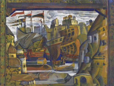De markt van Novgorod. Decorontwerp voor de opera Sadko van N. Rimsky-Korsakov door Nicholas Roerich