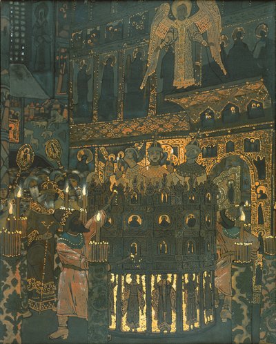 Mysteriespel in middeleeuws Novgorod door Nicholas Roerich