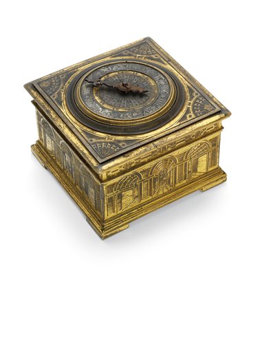 Elizabeth I gegraveerde horizontale tafelklok, ca. 1590-1600 door Nicholas Vallin