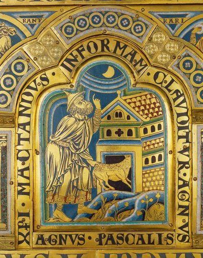 Agnus Pascalis, het symbolische paaslam ... (geëmailleerde plaquette in champleve techniek op verguld koper) door Nicholas of Verdun
