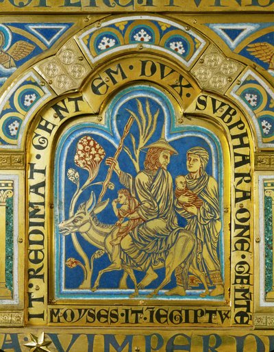 Mozes keert terug naar Egypte met zijn vrouw Zippora en twee zonen ... (email op verguld koper) door Nicholas of Verdun