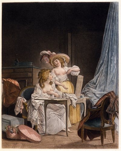 De vergelijking. Twee vrouwen vergelijken de grootte van hun borst. Gravure door Nicolas Lavreince (1737-1807), circa 1782 door Niclas II Lafrensen