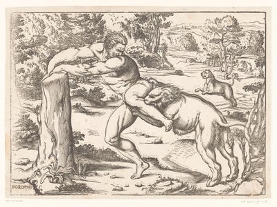 Milo van Croton aangevallen door een leeuw door Nicolò Boldrini (attributed to)