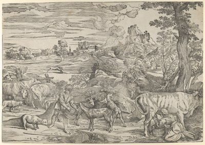 Landschap met een melkmeisje rechts en een jongen links, ca. 1535-40 door Nicolò Boldrini