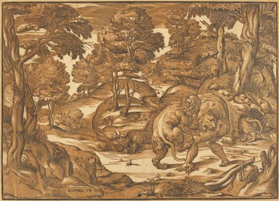 Hercules en de Nemeïsche leeuw door Nicolò Boldrini, after Raphael