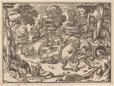 Hercules en de Nemeïsche leeuw door Nicolò Boldrini, after Raphael