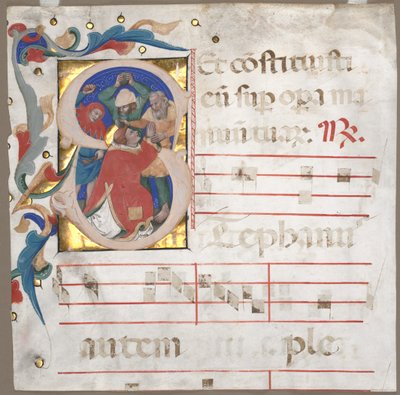 Fragment van een Antifonarium met Geïllustreerde Initiaal (S): De Steniging van St. Stefanus door Nicolò da Bologna