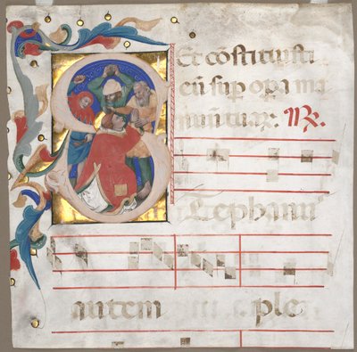 Fragment van een Antifonarium met Geïllustreerde Initiaal S: De steniging van St. Stefanus door Nicolò da Bologna