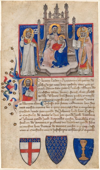 Madonna en Kind op de Troon tussen Heiligen Petronius en Alle (Eligius); Christus in de Initiaal A door Nicolò da Bologna