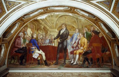 Alessandro Volta gepresenteerd in 1801 aan consul Napoleon Bonaparte in het Institut national de France de resultaten van zijn experimenten die hem in staat stelden de elektrische batterij uit te vinden door Nicola Cianfanelli