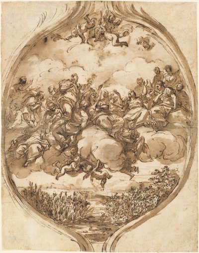 Heiligen gedragen door wolken boven een meer door Nicola Malinconico