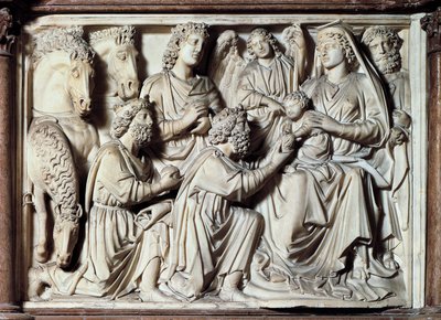 Aanbidding der Wijzen, tegel van preekstoel met scènes uit het leven van Christus door Nicola Pisano