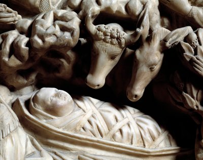 Gotische kunst: de geboorte - Detail van de bas-reliëfs van de marmeren preekstoel gemaakt door Nicola Pisano (1266-1268) door Nicola Pisano