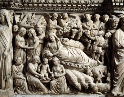 Gotische kunst en architectuur: Visitatie en Geboorte - Detail van de bas-reliëfs van de Marmeren Preekstoel gemaakt door Nicola Pisano (1266-1268) door Nicola Pisano