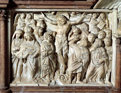 Italië, Toscane, Pisa, Piazza dei Miracoli, kathedraal, marmeren preekstoel, paneel met Kruisiging door Giovanni Pisano door Nicola Pisano