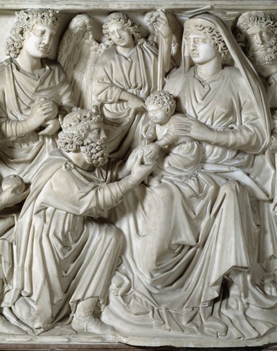 De aanbidding der wijzen Detail Preekstoel gerealiseerd door Nicola Pisano (1215/20-1278/84) (Marmeren preekstoel) 1260 Doopkapel van Sint-Jan van Pisa (Battistero san Giovanni di Pisa), Italië door Nicola Pisano