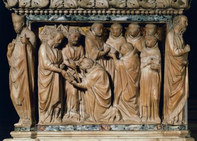 De apostelen Petrus en Paulus verschijnen aan Sint Dominicus, decoratief reliëf van Arca di San Domenico, marmer, Kapel van San Domenico, Basiliek van San Domenico, Bologna, Emilia-Romagna, Italië door Nicola Pisano