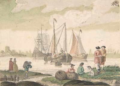 Zeegezicht met zeven figuren en een hond, 1733-93 door Nicolaas Aartman