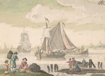 Zeegezicht met zes figuren op de voorgrond door Nicolaas Aartman