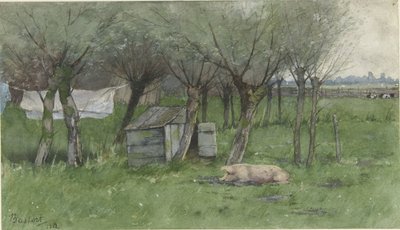 Boerenerf met liggend varken door Nicolaas Bastert