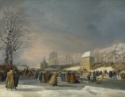 Schaatswedstrijd voor vrouwen op de Stadsgracht in Leeuwarden, 21 januari 1809 door Nicolaas Baur (signed by artist)