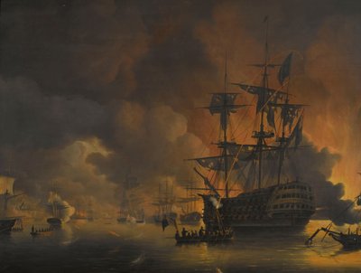 De brand op de kades van Algiers, kort na het begin van het bombardement door de Anglo-Nederlandse vloot, 27 augustus 1816 (serie) door Nicolaas Baur