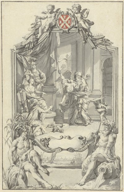 Allegorie op de zijde-industrie in Amsterdam met de Stedenmaagd die balen zijde ontvangt door Nicolaas Verkolje