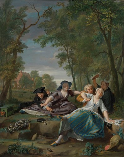 Genrescène met elegante jonge koppels in een landschap door Nicolaas Verkolje