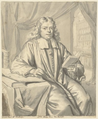 Portret van Dr. Hugo van der Helst in een studeervertrek door Nicolaas Verkolje
