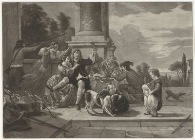 Vrolijk gezelschap op een terras door Nicolaas Verkolje