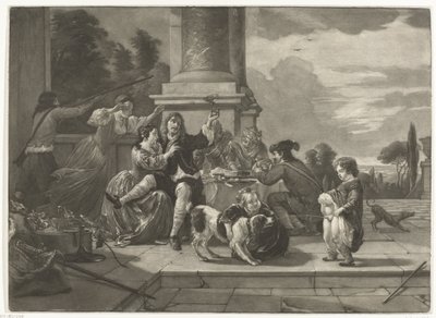 Vrolijk gezelschap op een terras door Nicolaas Verkolje