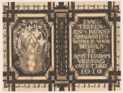 Bandontwerp voor: Verslag der Dagteeken- en Kunstambachtschool voor Meisjes te Amsterdam over het jaar 1919 door Nicolaas van de Vecht