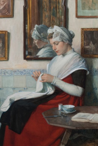 Een Amsterdams weesmeisje aan het naaien, ca. 1890 door Nicolaas van der Waay