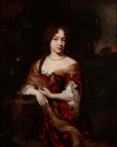 Driekwart lengte portret van een dame in een rode jurk door Nicolaes (follower of) Maes