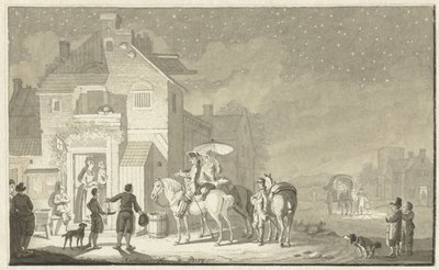 Reisgezelschap voor herberg bij avond door Nicolaes Aartman