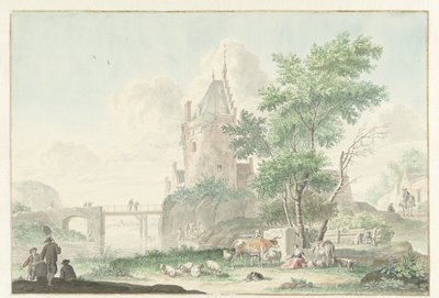 Zomerlandschap met figuren en vee door Nicolaes Aartman