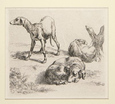 2 etsen uit De set van verschillende dieren, met de man onder de bomen, de zogenaamde man door Nicolaes Berchem
