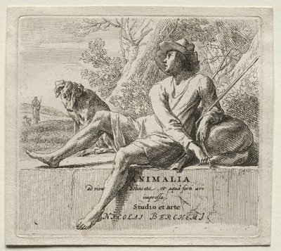 Animalia: Frontispice, herder en hond door Nicolaes Berchem