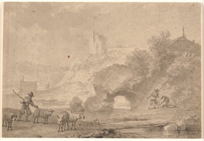 Schaapherder en vissers in een zuidelijk rivierlandschap door Nicolaes Berchem
