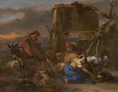 Pastorale Scene met een Herderin die een Geit Melkt door Nicolaes Berchem