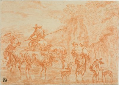 Boeren en vee steken een doorwaadbare plaats over door Nicolaes Berchem