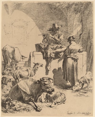 De Herder Zittend op een Fontein en de Spinner, 1652 door Nicolaes Berchem