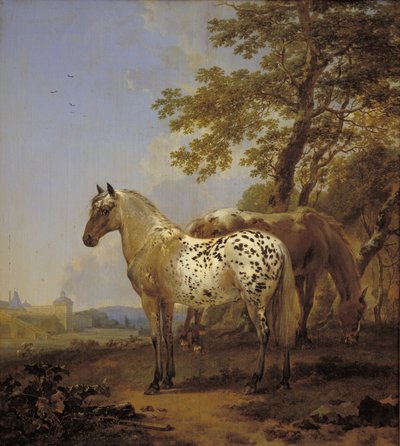 Twee paarden in een landschap door Nicolaes Berchem