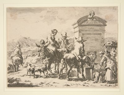 Zonder titel - Genrescène met mensen op ezels en een grafsteen door Nicolaes Berchem