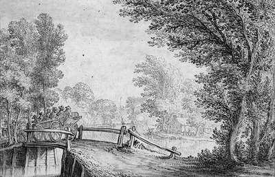 Landschap met een Kar die een Brug Oversteekt door Nicolaes Jansz  Visscher