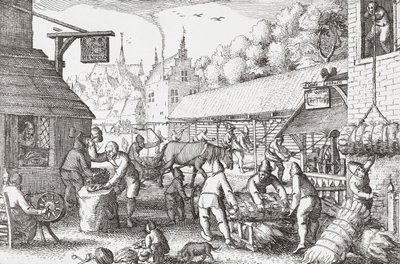 17e-eeuwse Nederlandse dorpelingen maken touw door Nicolaes Jansz Visscher